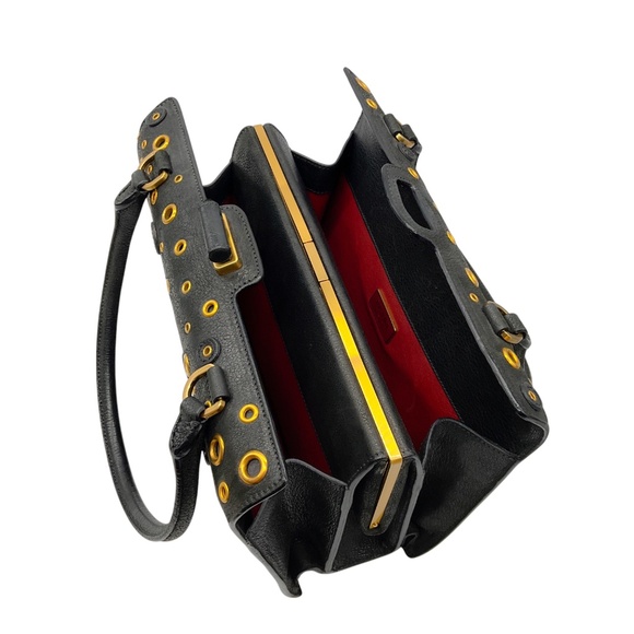 PRADA BLACK / GOLD GROMMET EMBELLISHED LOGO PLAQUE GRAINED LEATHER HANDBAG - Picture 12 of 13